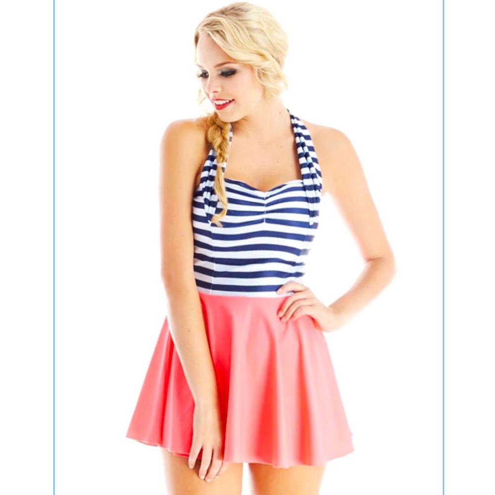 Jessica Rey swimwear size Medium swim dress striped pink skirt bathing suit - Picture 1 of 11